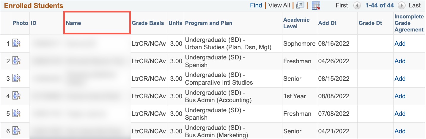 Organize class roster by Name Column.