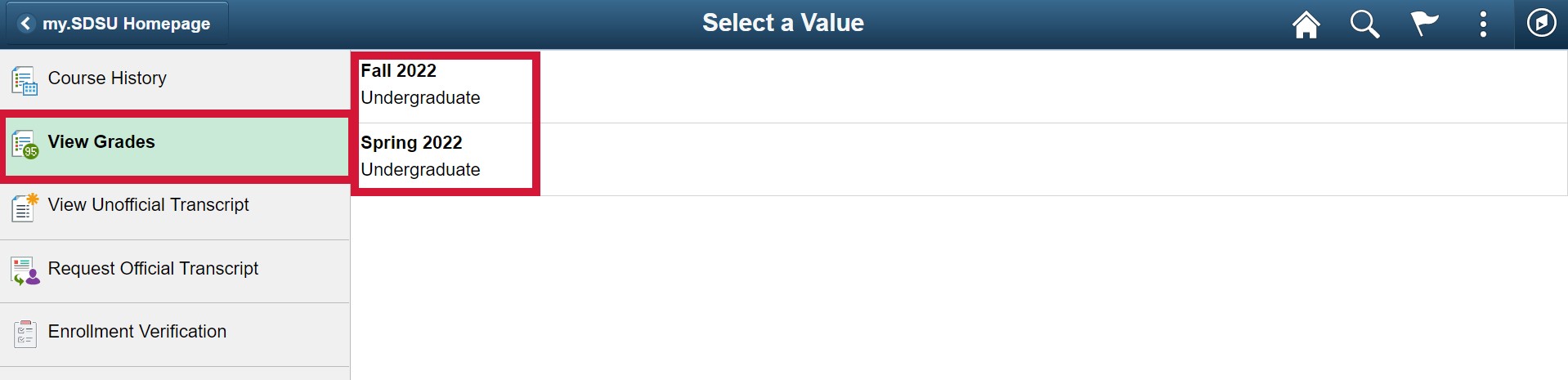 my.SDSU View Grades Button
