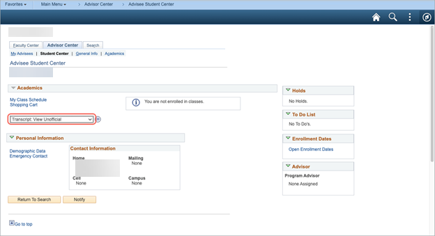 Select "Transcript: View Unofficial" from the drop-down menu.