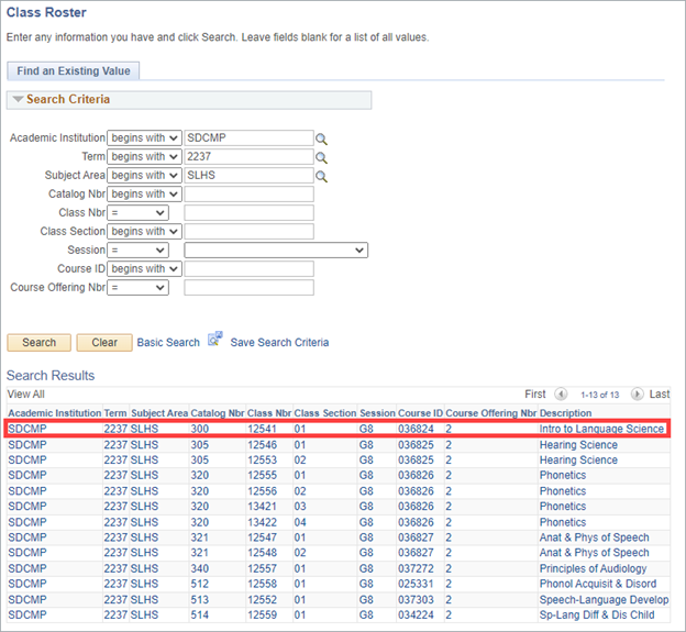 Class Roster Search Results