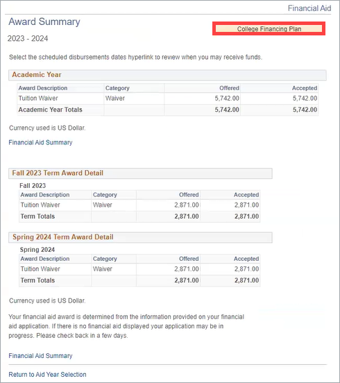 Award Summary College Financing Plan